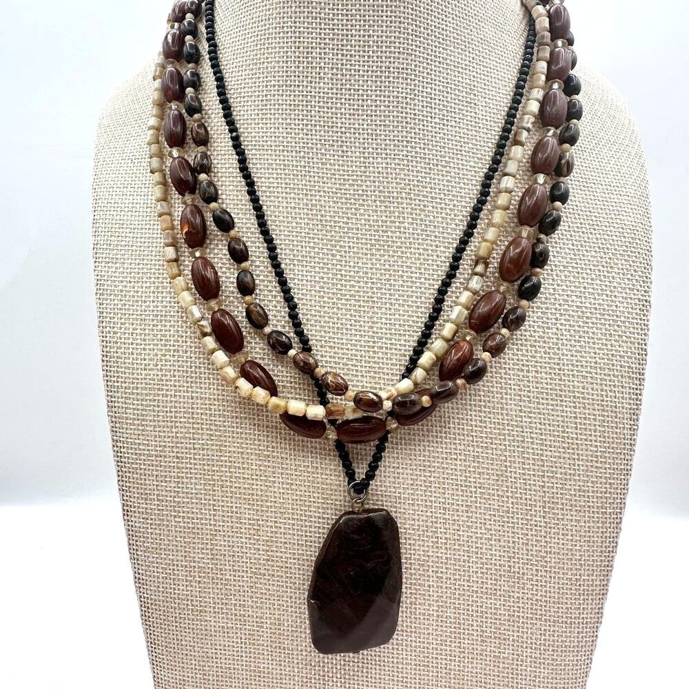 Vintage 80s Multi-Strand Earth Tone Beaded Layered Necklace Faux Stone Jewelry
